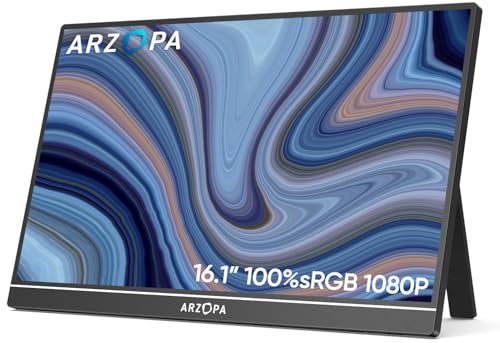 ARZOPA 16.1' Portable Monitor, 1920×1080 FHD IPS Tragbarer Monitor für Laptop mit Einzelstange, Unterstützt HDMI/Typ-C/USB-C, Augenschutz-Gaming-Bildschirm für Laptop/PC/Mac/PS3/4/5/Xbox