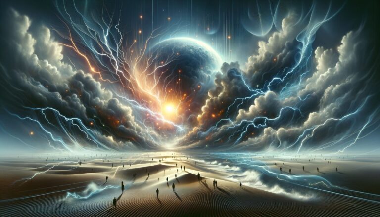 das Bild eines stürmischen Himmels mit dunklen Wolken und Blitzen, das die Turbulenzen von OpenAI symbolisiert. Am Horizont ist eine Menschenmenge von Wettbewerbern zu sehen, die die wachsende Nachfrage nach KI-Technologie darstellt. Diese Darstellung visualisiert die dynamische und herausfordernde Landschaft des KI-Marktes und den Wettbewerbsdruck in der Branche.