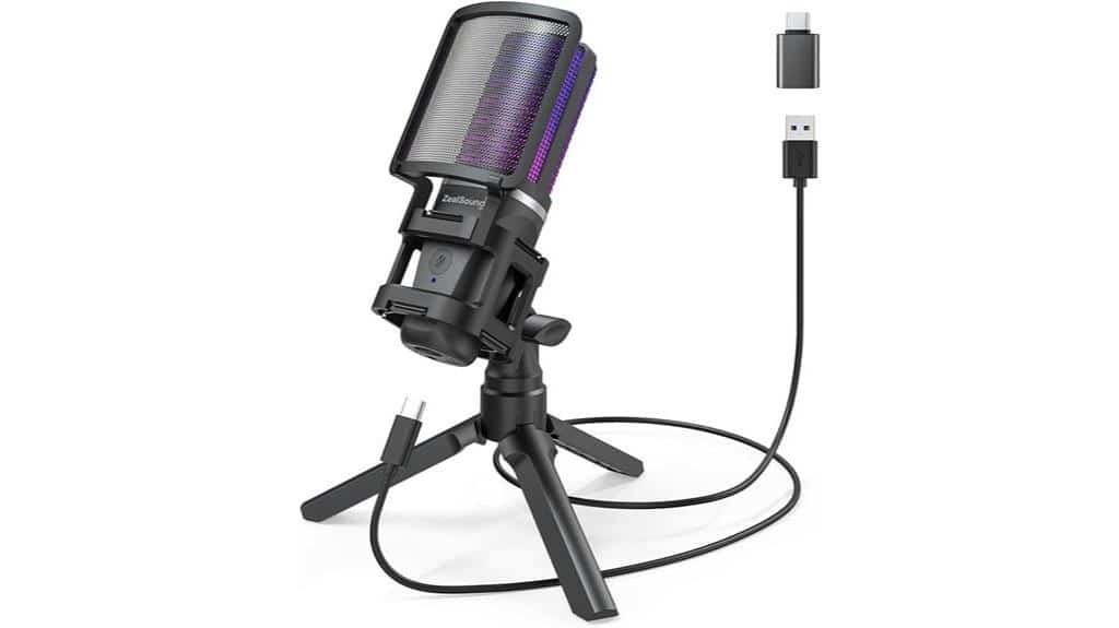 Zealsound Gaming-Mikrofon für PC, Streaming, Podcast-Studio (USB, RGB-Steuerung, Stativ, Pop-Filter)