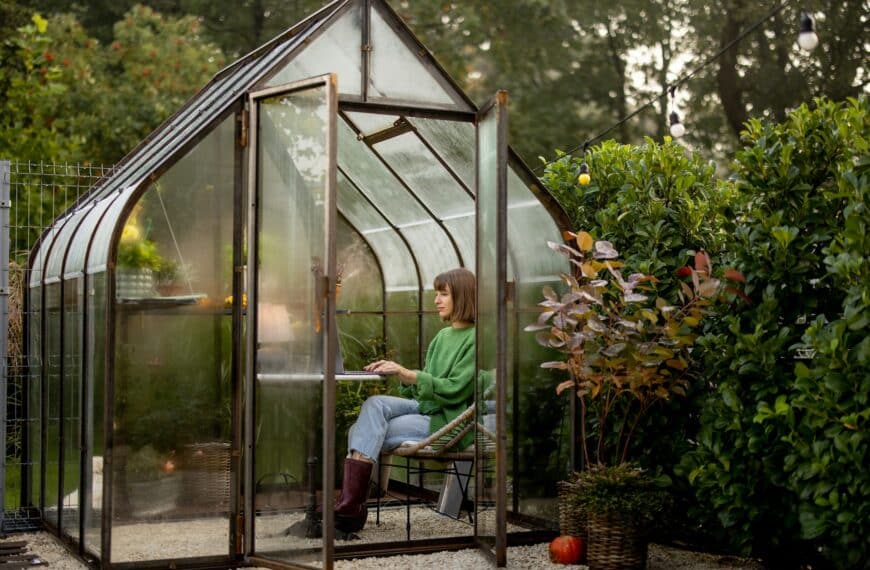 Woman works remotely on laptop in glasshouse at backyard